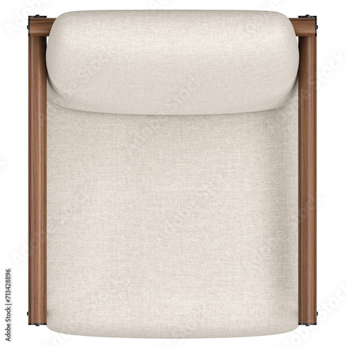 top view of white linen fabric armchair with wooden armrests, 3d rendering, on transparent background