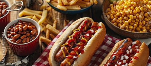 Hot dogs and baked bean for the 4th of July holiday picnic. Copy space image. Place for adding text