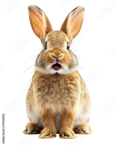 Funny brown rabbit sitting isolated on transparent or white background, front view