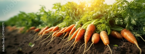 Close up carrots growing in field. Fresh vegetable plant of carrot