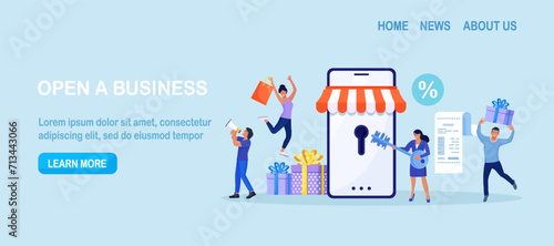 Business owner and entrepreneur start small business or retail shop. New online store, website. Woman opens the lock with a key. Opening internet store
