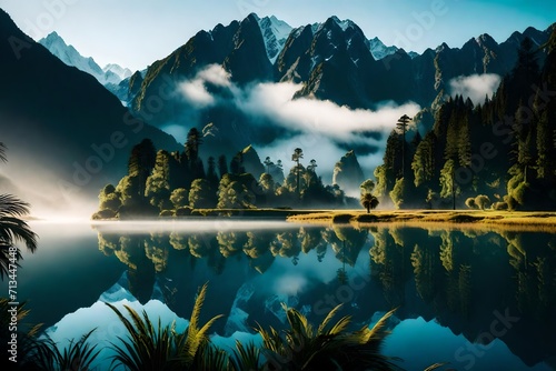 A cinematic capture of Westland District, featuring a serene Lake Matheson with mountains emerging from the morning mist, creating a captivating and tranquil scene.