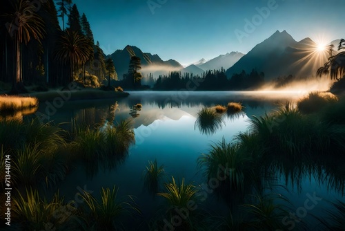 A cinematic capture of Westland District, where the first light of day touches the surface of Lake Matheson, surrounded by mountains veiled in morning mist.