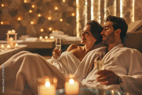 Couple in love enjoys a romantic spa experience with champagne and ambient candle lighting