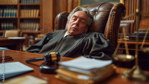 judge sleeps in a large high-backed leather chair in the courtroom. industrial fatigue concept. World Sleep Day