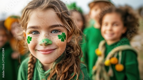 child is dressed in a festive green outfit, with a shamrock - the symbol of St. Patrick's Day - painted on his cheek.