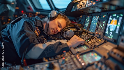 civil aviation pilot sleeps in the cockpit of an airplane. industrial fatigue concept. World Sleep Day