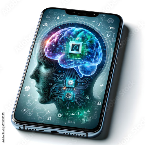 Téléphone affichant un cerveau intégré à un circuit électronique idéal pour article, blogs traitant de : l' intelligence artificielle, Piraterie, sécurité informatique, virus, hacker, hacking, pirate,