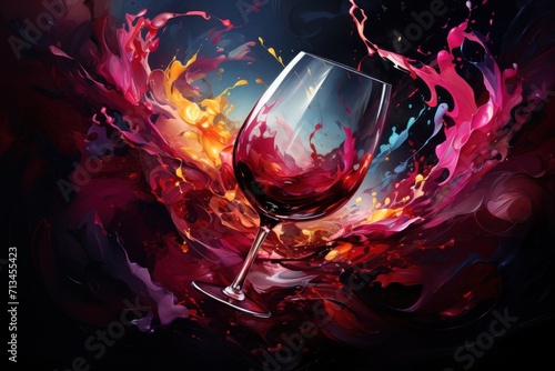  a painting of a glass of wine with a splash of red and yellow paint on the bottom of the glass.