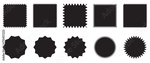 Zig zag edge rectangle and circle shapes collection. Jagged rectangular elements set.Black graphic design elements for decoration,banner, poster,template,sticker,badge.Vector illustration