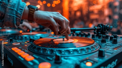gros plan de la main d'un DJ ajustant une commande sur une table de mixage ou une table tournante. L'environnement semble être une boîte de nuit ou un lieu de fête