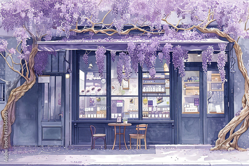 Blooming wisteria at the cafe storefront in Europe.