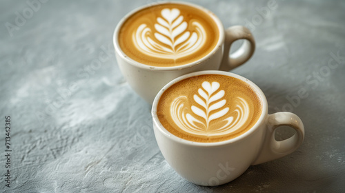 Two cups of cappuccino with latte art on wooden background. place for text.