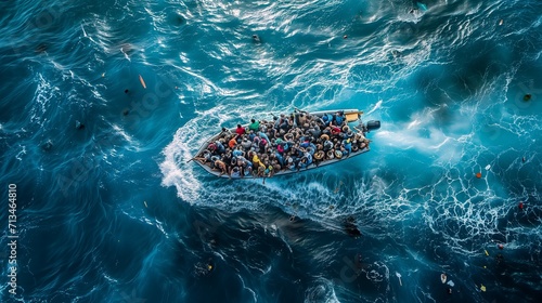Migrants on the boat. Generative AI