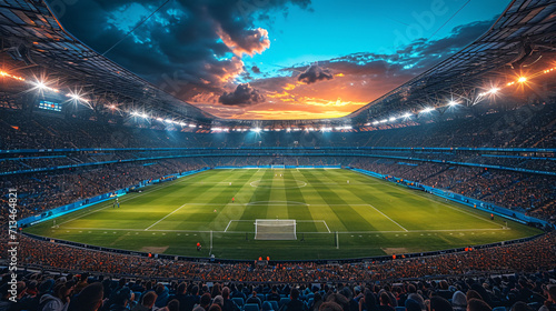 Nighttime soccer match in a brightly lit, vibrant stadium with a pristine green field