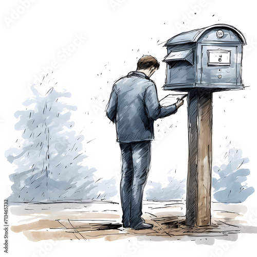 Person checking their mailbox for mail isolated on white background, sketch, png 