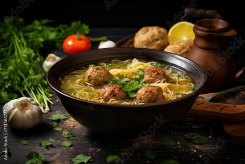  a bowl of soup with meatballs, noodles, and parsley on a table with garlic, parsley, lemon, and parsley.