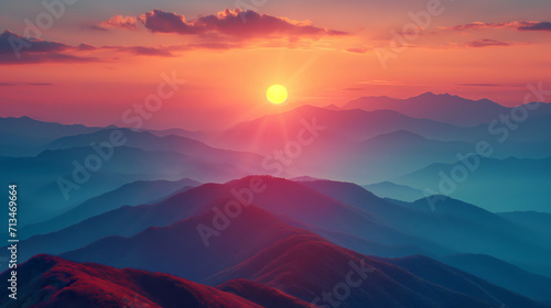 Sonnenuntergang über den Bergen im Nebel - Natur- Urlaub - Reisen - Fliegen - Sonnenstrahlen - Sonnenschein