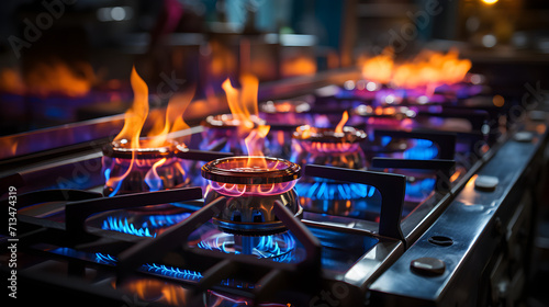 A tightly focused image capturing the intense blue flames of a propane gas stove burner in a home kitchen