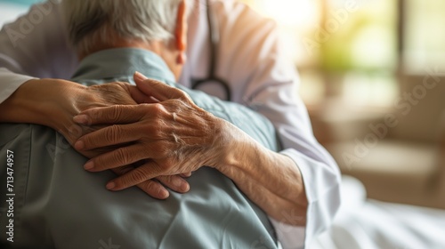 Senior mature doctor or medical caregiver hugging embrace give encourage to senior male patient in clinic