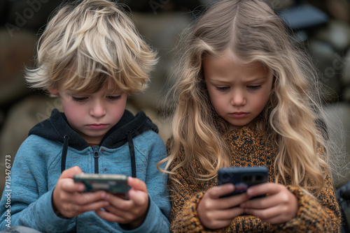 Two young kids, girl and boy, absorbed with mobile phones. Concept of dependence on technology, children hooked on mobile, smartphone addiction, addicted to screens or devices and excessive phone use