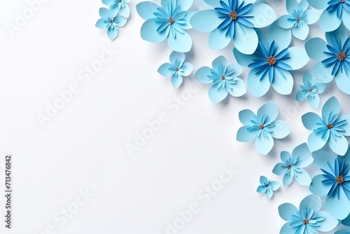 Romantic white background with space for text or image blue paper flowers on the right