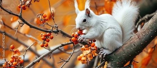 Albino squirrel in tree feasting on orange berries. Copy space image. Place for adding text or design