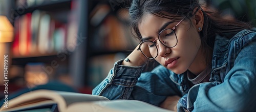 A student exhausted from the piled up of school homework and tedious study is learning by solving difficult problems with a tired look. Copy space image. Place for adding text or design