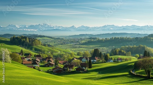  View from the Lueg over the Emmental with Bernese Alps in spring, Affoltern in the Emmental, Canton Bern, Switzerland
