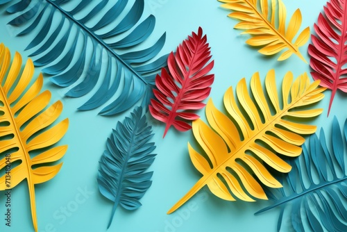  a group of colorful paper leaves on a blue background with a red, yellow, and green leaf in the middle.