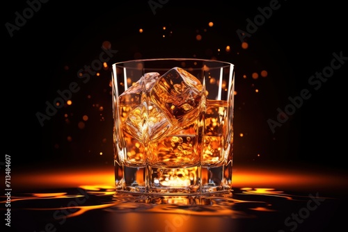  a glass of whiskey with ice cubes on a dark background with a splash of light from the top of the glass.