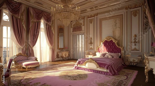 A luxurious pink and gold bedroom with ornate details in a palace setting.
