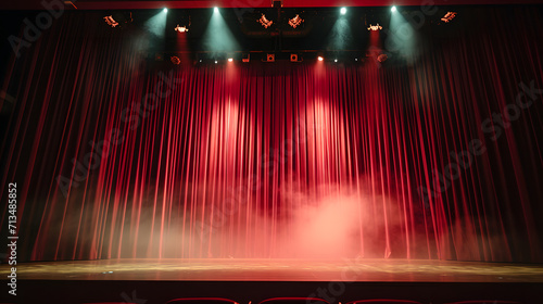 Mini concert school theater with red curtain and stage lights, stage spotlight on stage