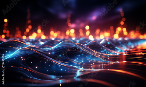 Futuristic technology wave background with glowing lines and bokeh.