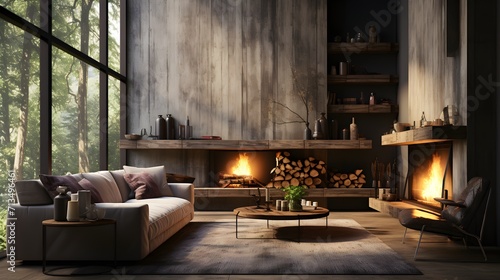 Interior of a contemporary living room with fireplace, concrete and wooden walls, concrete floor and loft windows