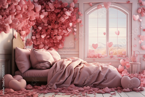 A dreamy bedroom scene with a bed covered in soft rose petals and heart-shaped pillows, inviting a couple to share intimate moments on Valentine's Day.
