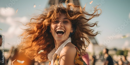 Joyful young woman laughing candidly outdoors with flowing hair, in the moment of happiness. AI