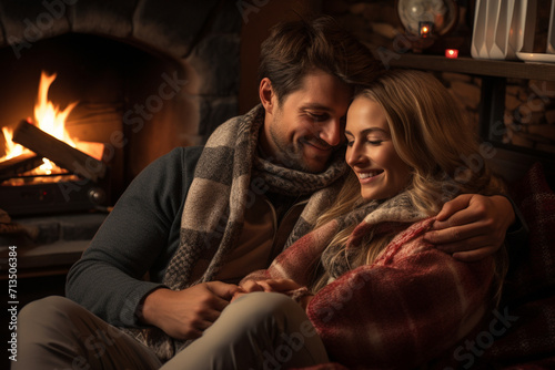 A happy couple sharing a sweet moment by a cozy fireplace, surrounded by plush cushions, symbolizing warmth and love on Valentine's Day.