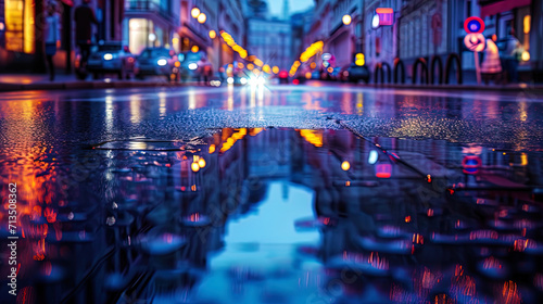 The reflection of urban buildings on wet asphalt creates the impression of the second world, magic