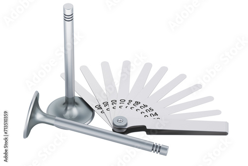 Engine intake valves with feeler gauge, metric offset valve thickness gauge. 3D rendering isolated on transparent background