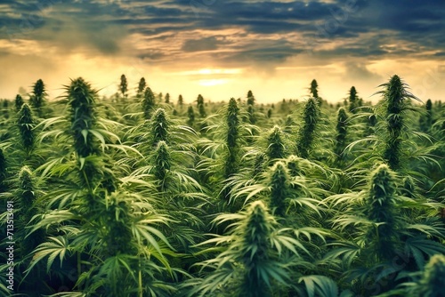 Cannabis Plantation. Medicinal indica with CBD. Blooming cannabis at sunset. 