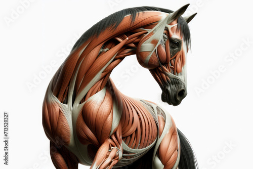 horse anatomy showing body and head, face with muscular system visible isolated on solid white background. ai generative