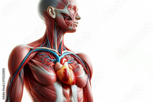 Human anatomy showing heart with muscular system visible isolated on solid a white background. ai generative