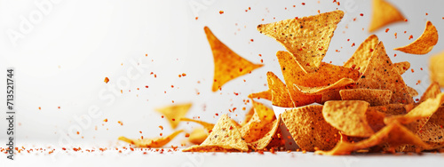 Scattered tortilla chips lie on a white surface, with a few in mid-air, suggesting a festive and casual snacking atmosphere.