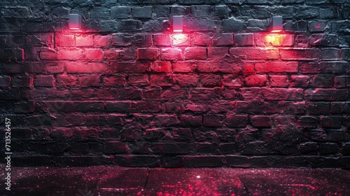 Gritty black brick wall with intense red neon lights casting a reflective glow on the wet surface, for a deeply atmospheric urban feel.