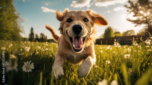 Happy dog running outside flowers garden image
