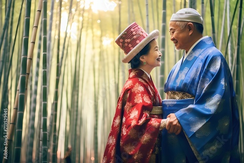 asian old couple in Bamboo Forest wearing traditional Japanese kimono at Bamboo Forest in Kyoto, Japan