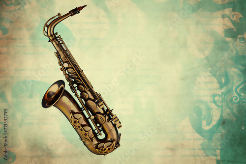 Brass saxophone background with an abstract vintage distressed texture which is a musical wind instrument used in blues, rock, jazz and classical music, stock illustration image