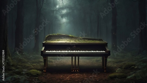 The grand piano stands in a foggy forest. Vintage background. Copy space. Generative AI