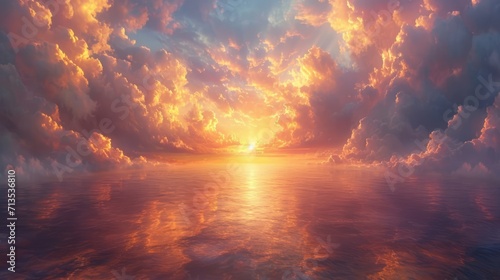 Fiery sunset over tranquil sea, with radiant clouds and sun beams creating a breathtaking, dramatic skyscape.